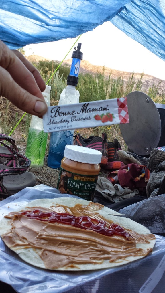 PB & J Tortillas- also makes a great breakfast!  I carried a jar of peanut butter, but you can find single serving packets made by Justin's.  Bonne Maman makes the best single serving strawberry preserves.  You can find them on both Minimus Biz or Amazon.