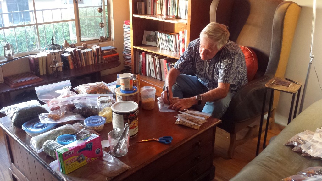 Putting Dad to work assembling dehydrated meals.